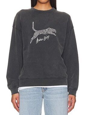 Anine Bing Spencer Sweatshirt Spotted Leopard in Washed Black NWT